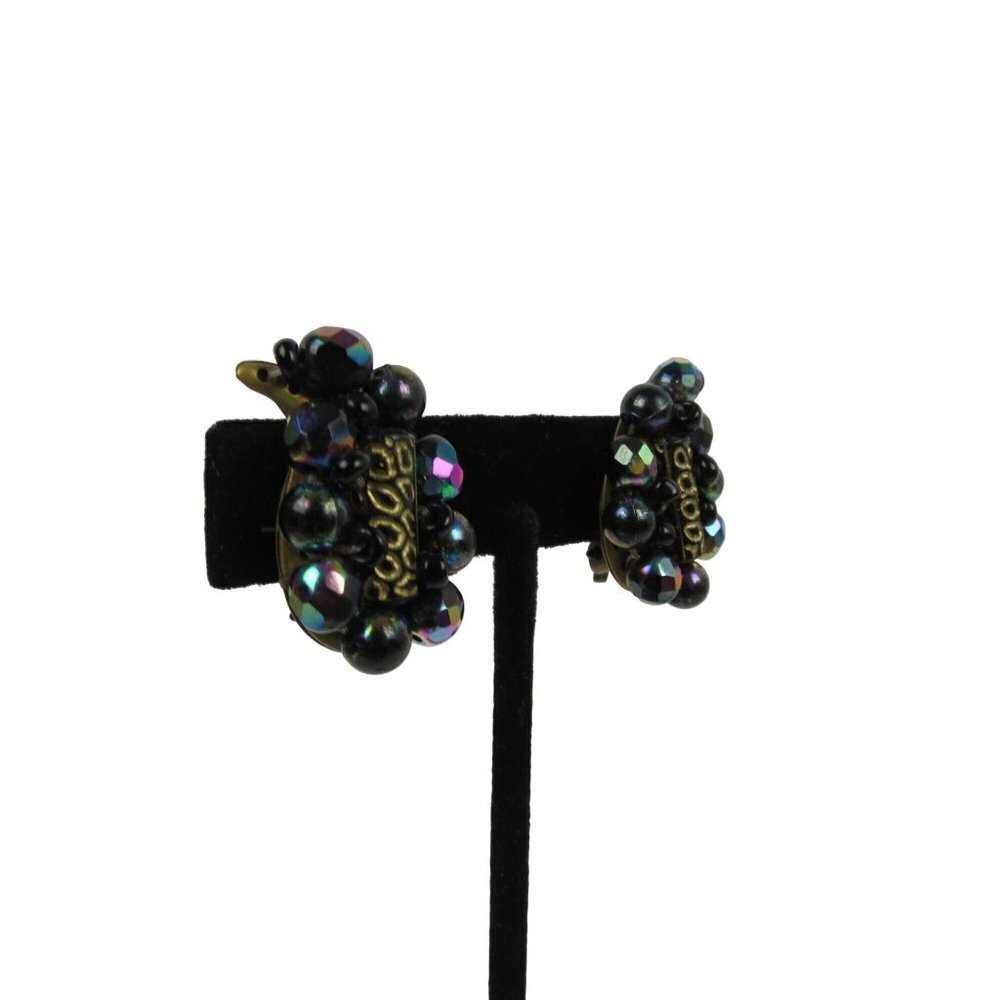 1950s 1960s Vintage Black Paisley Earrings Iridescent Clip On Midcentury Costume